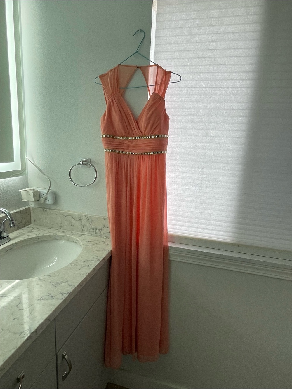 Ever Pretty Coral V-Neck Prom Gown with Beaded Waist